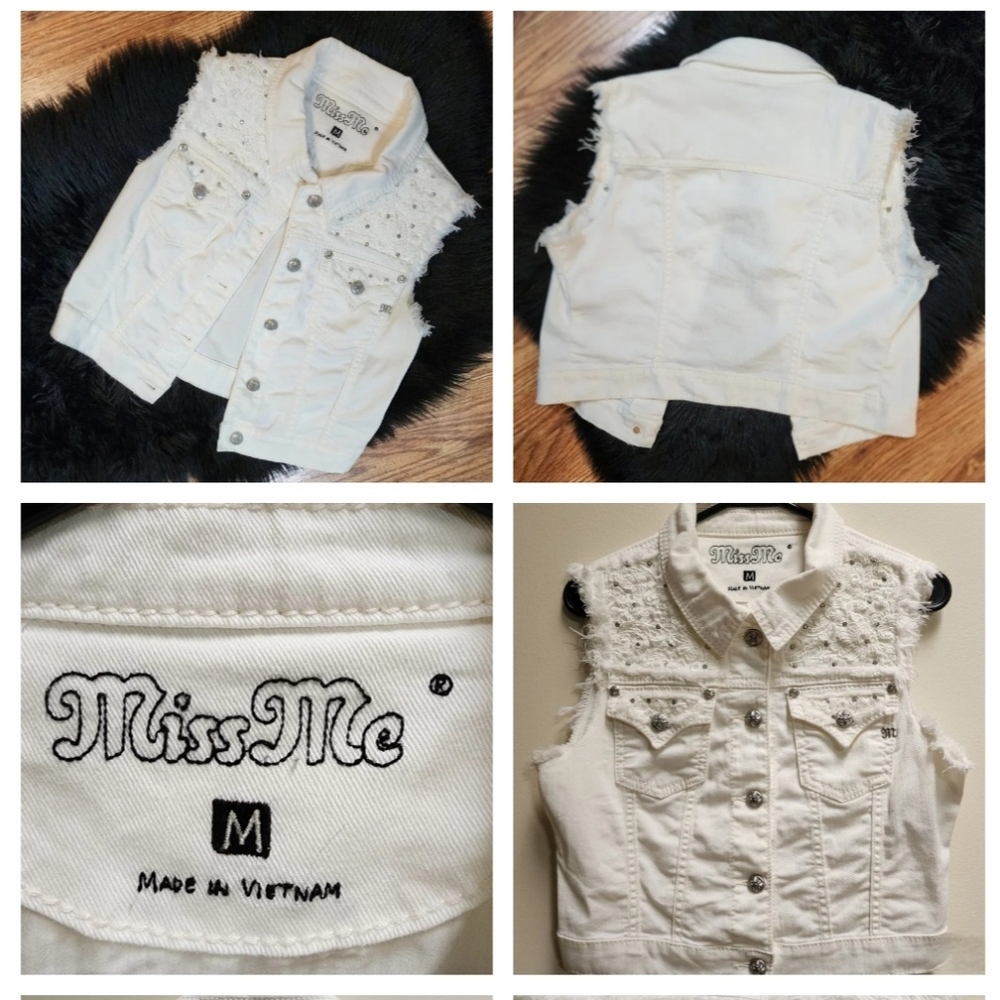 Miss Me Cropped White Denim Rhinestone Embellished Jean Vest Size M